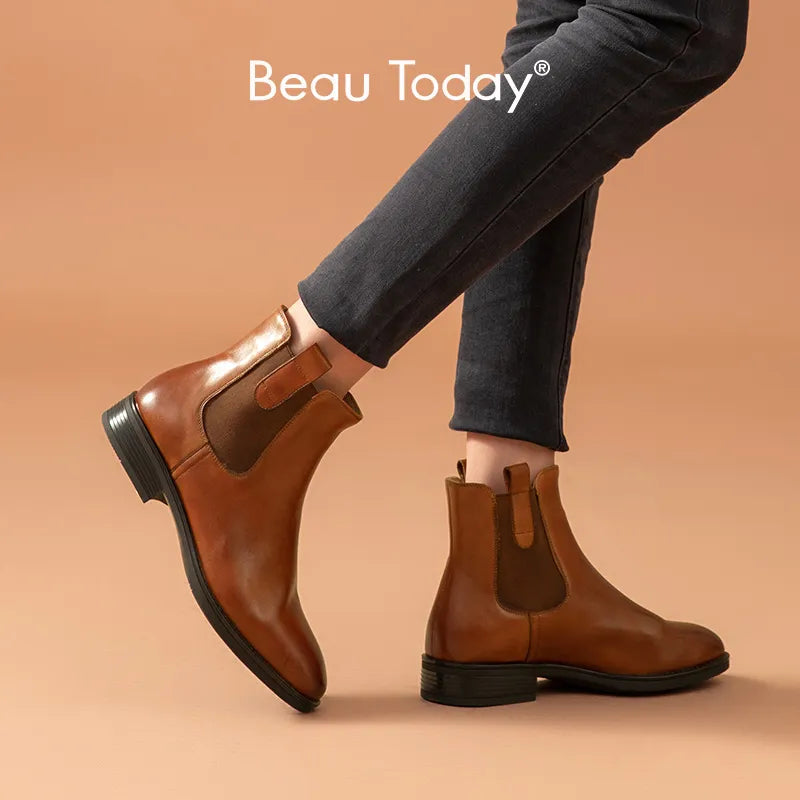 BeauToday Chelsea Women Boots Ankle Length Genuine Cow Leather Waxing Square Toe Ladies Bootie with Elastic Bands Handmade 03699 - bertofonsi