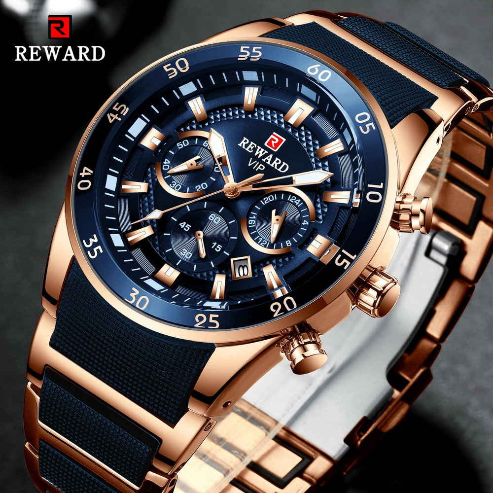 REWARD Brand Mens Watches Luxury Quartz Blue Watch Full Steel Men Chronograph Waterproof Business Wrist Watch Relogio Masculino - bertofonsi