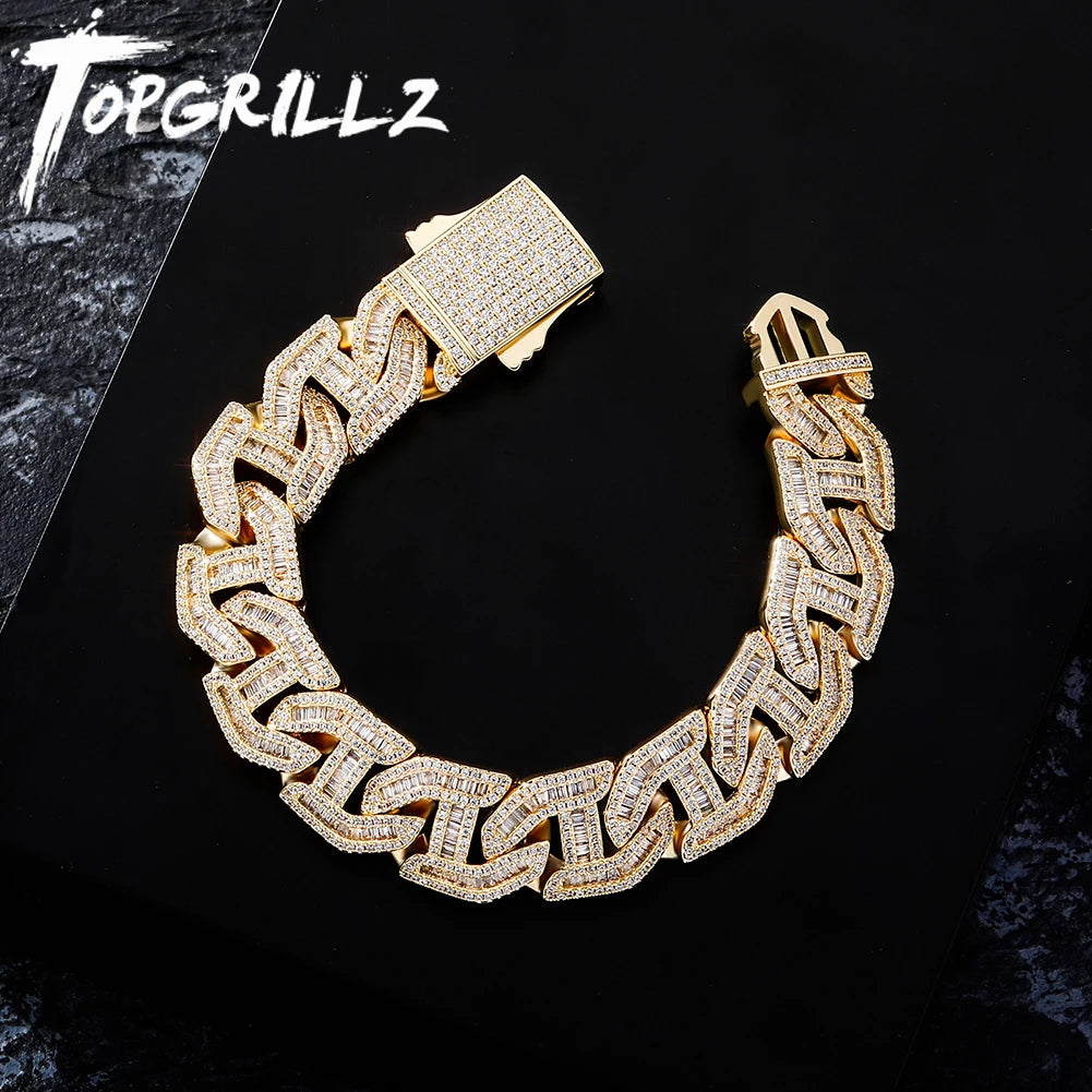 TOPGRILLZ Mens Bracelet 16mm Prong Baguette Curb Chain High Quality Iced Cubic Zirconia Hip Hop Rapper Luxury Jewelry Gift Party - bertofonsi