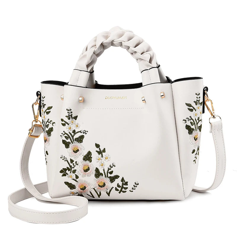 Weave handle  Floral PU Leather Embroidery Women Handbags Brand Fashion Designer Ladies Bag Shoulder White Female Handbags - bertofonsi