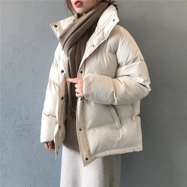 crriflz fashion solid women's winter down jacket stand collar short single-breasted coat preppy style parka ladies chic outwear - bertofonsi