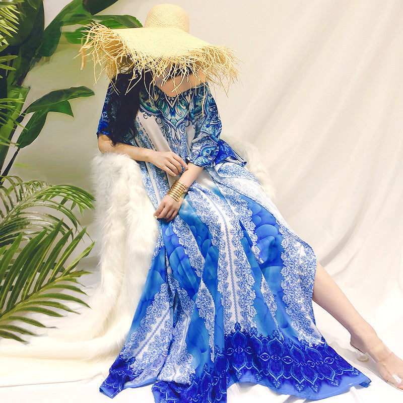 New Blue Color Seaside Holiday Floral Print Beach Dress French Long Dress Floral Loose Dress Women's Long Dress - bertofonsi