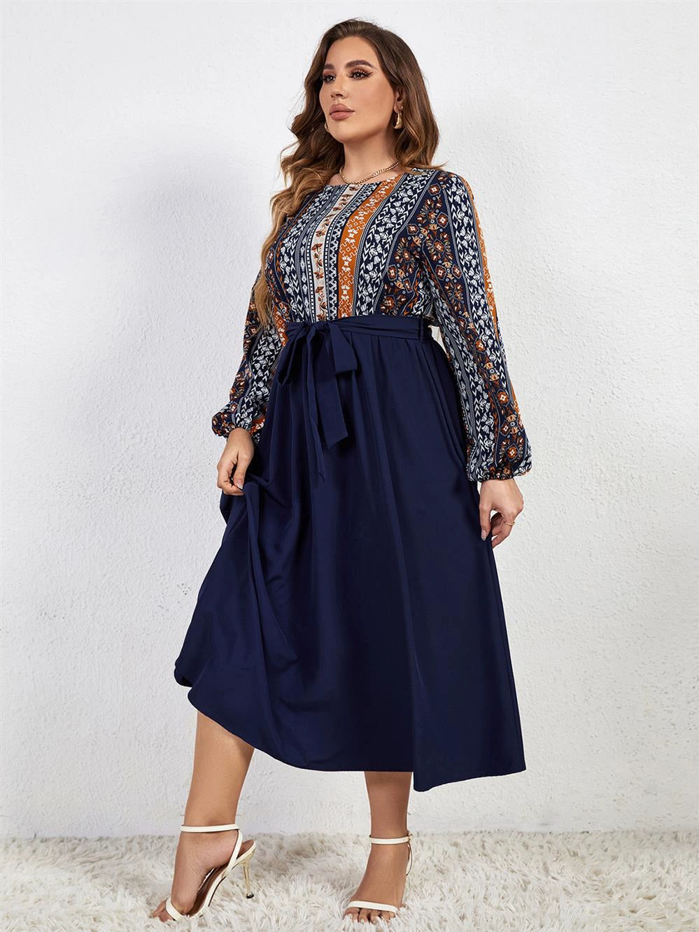 Autumn Patchwork Waist-Controlled Lace-up Plus Size Dress Women plus Size Dress with Belt - bertofonsi