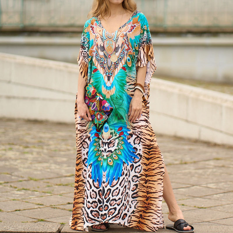 European and American New Premium Leopard Print Long Dress Large Size Slim Looking Dress Sanya Seaside Vacation Beach Dress Summer Women - bertofonsi