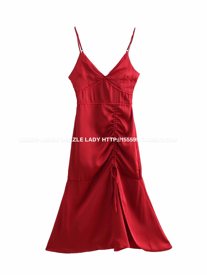 2023 Summer New French Dress Waist-Controlled Tea Dress Slim Looking Satin Long Dress Seaside Vacation Beach Dress for Women - bertofonsi