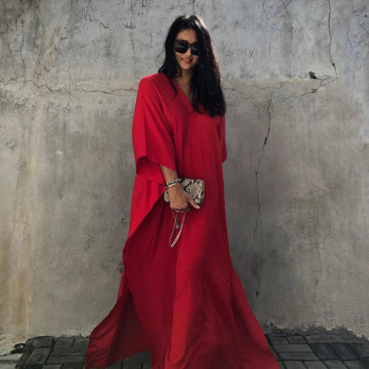 2023 Europe and America Thailand Sanya Lijiang Travel Photo Red Dress Slim Looking Seaside Vacation Beach Long Dress - bertofonsi