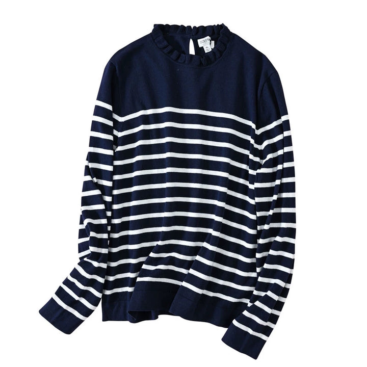Fashion Cotton Ruffled Striped Slim Looking Casual round Neck Sweater Export Original Sample Women's Clothes Large Size Spring and Autumn New - bertofonsi