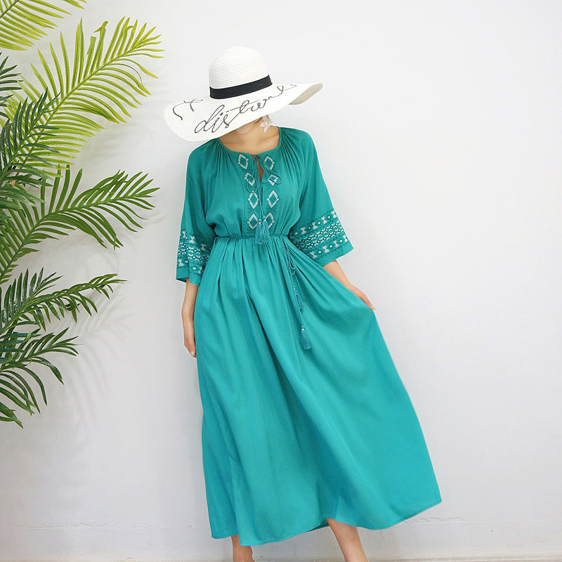 New Style Thailand Sanya Embroidered Ethnic Style Dress Mid-Length Dress Summer Waist-Controlled Slim Looking Seaside Vacation Beach Dress for Women - bertofonsi