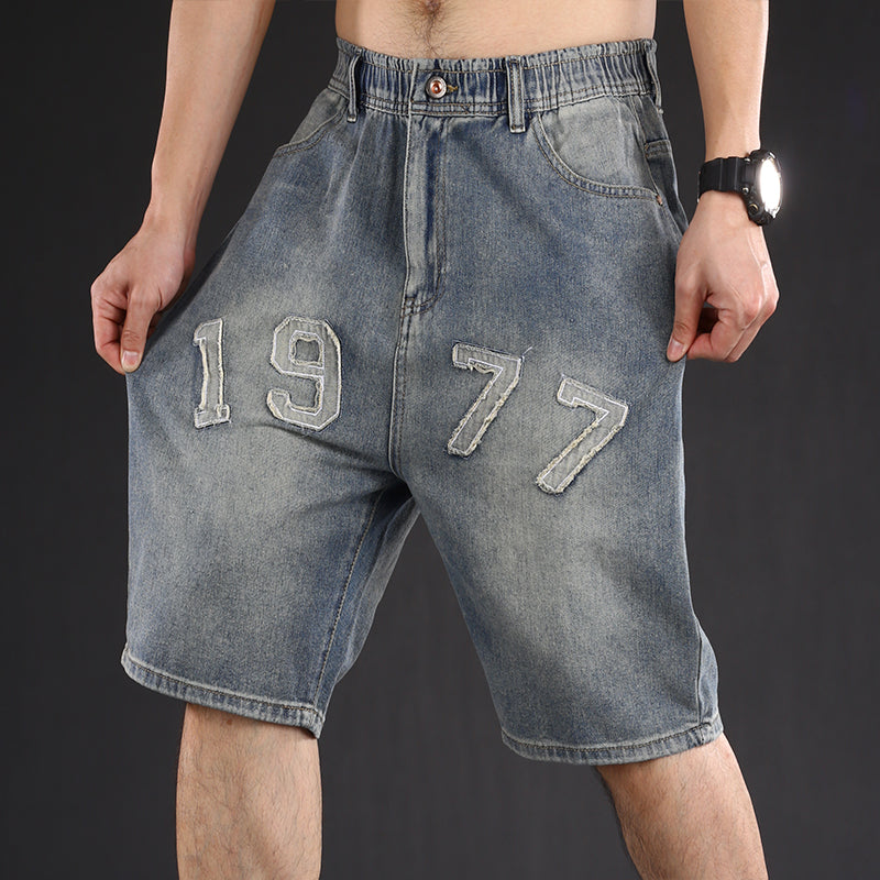 Retro European American Style Denim Shorts Men's Loose plus Size Half Length Pants Summer Trendy Fashion Patch Elastic Waist - bertofonsi