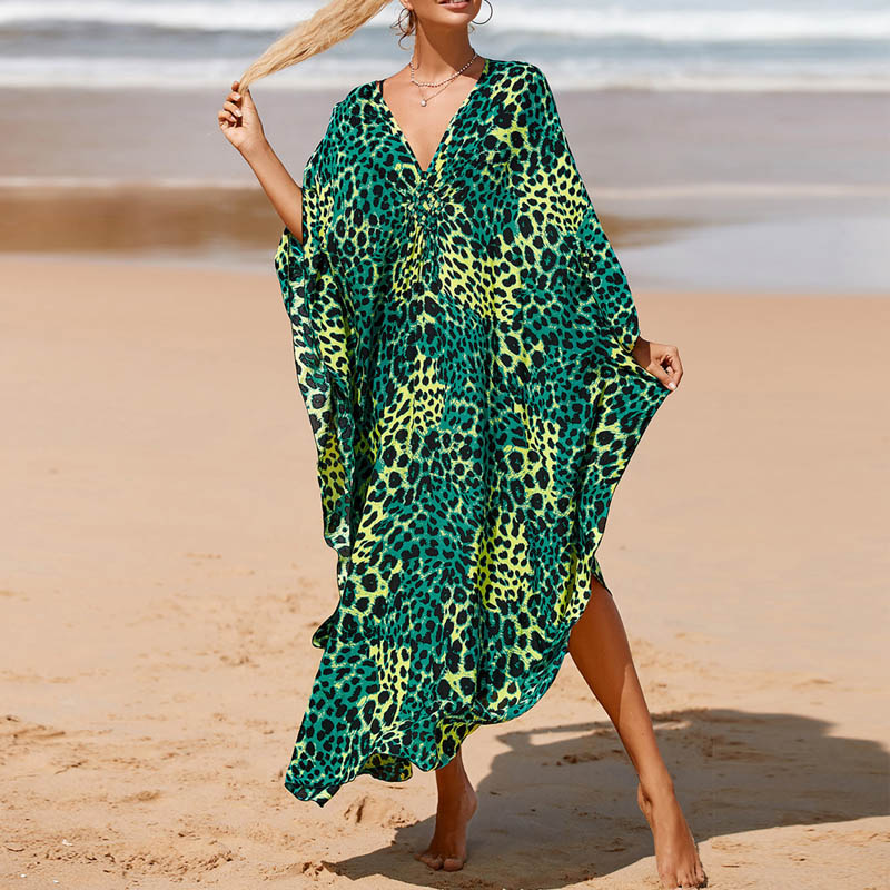 New Style European and American Fashionable Sexy Leopard Print Dress Slim Looking plus Size Beach Dress Green Long Dress for Taking Photos Seaside Vacation - bertofonsi