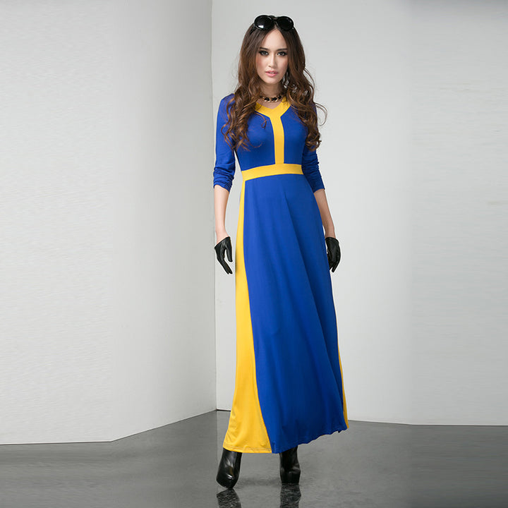 2023 New Arrival Crane Blue Dress Women's Ins Niche Stitching Contrast Colors Slimming Temperament Waist-Controlled Long Dress - bertofonsi