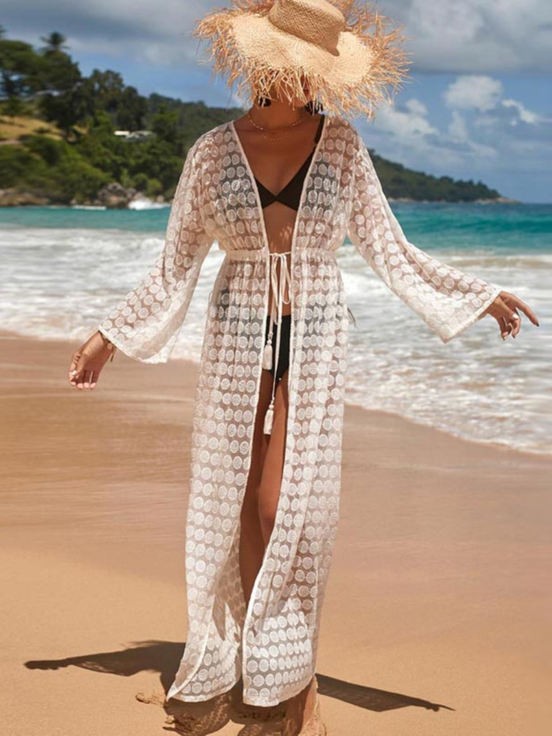 2023 Summer New Beach Holiday Mid-Length Fairy White Lace Cappa Sunscreen Outerwear Cover-up Cardigan - bertofonsi