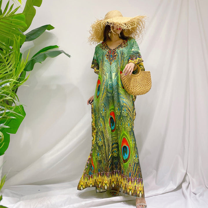 2023 New Sanya Travel Large Size Slim Looking Printed Dress Niche Long Dress Seaside Vacation Beach Dress for Women - bertofonsi