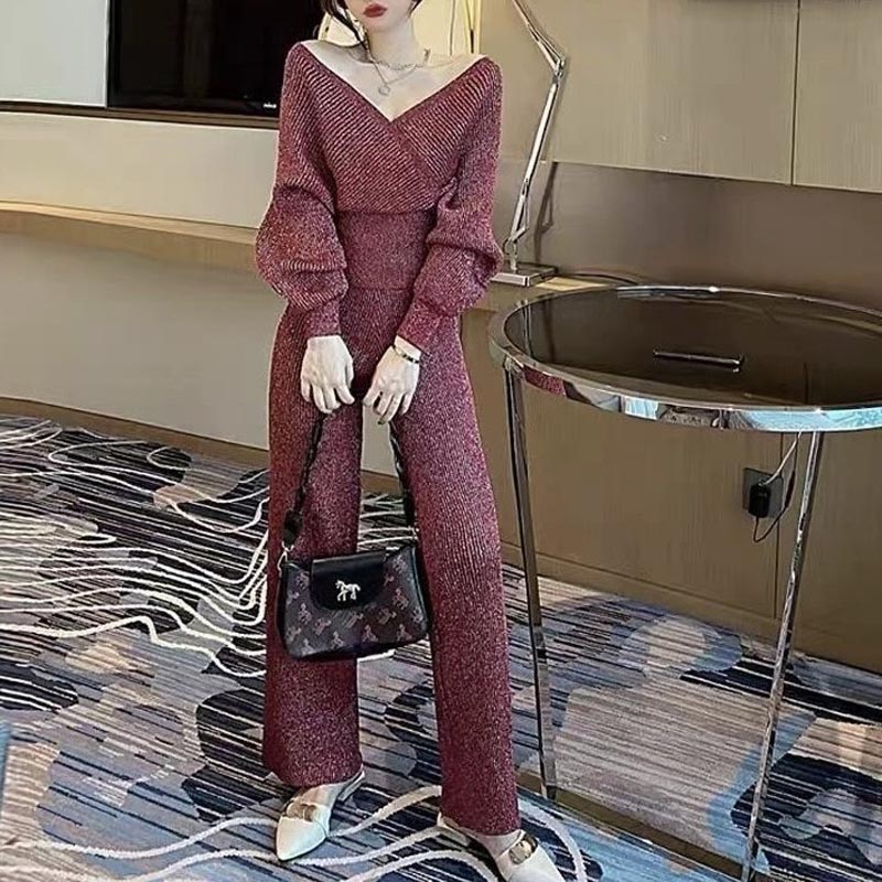 2023 Autumn New Fashion Two-Piece Set Women's Elegant Slimming V-Neckline Long-Sleeved Knitted Top Straight Wide-Leg Pants - bertofonsi