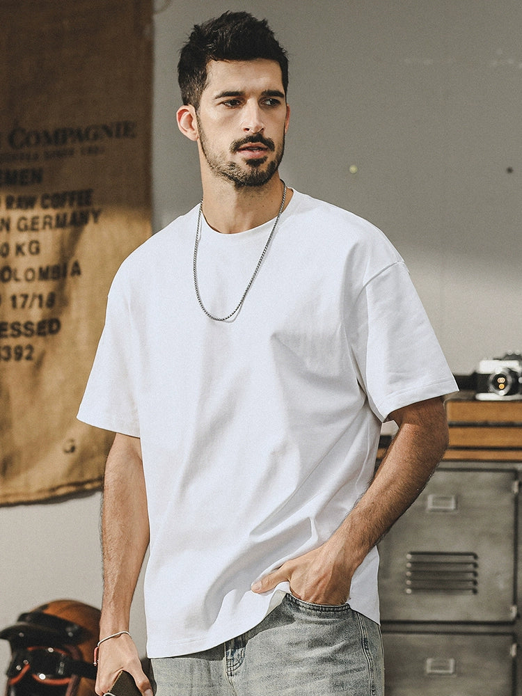 32 Double Yarn Smooth Cotton 250G Heavy Basic Solid Color round Neck Short Sleeves T-shirt Men's Summer Loose All-Match White T - bertofonsi