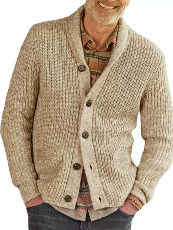 Trendy European and American Style Men's Clothing Solid Color Polo Collar Cardigan Long Sleeve Sweater - bertofonsi