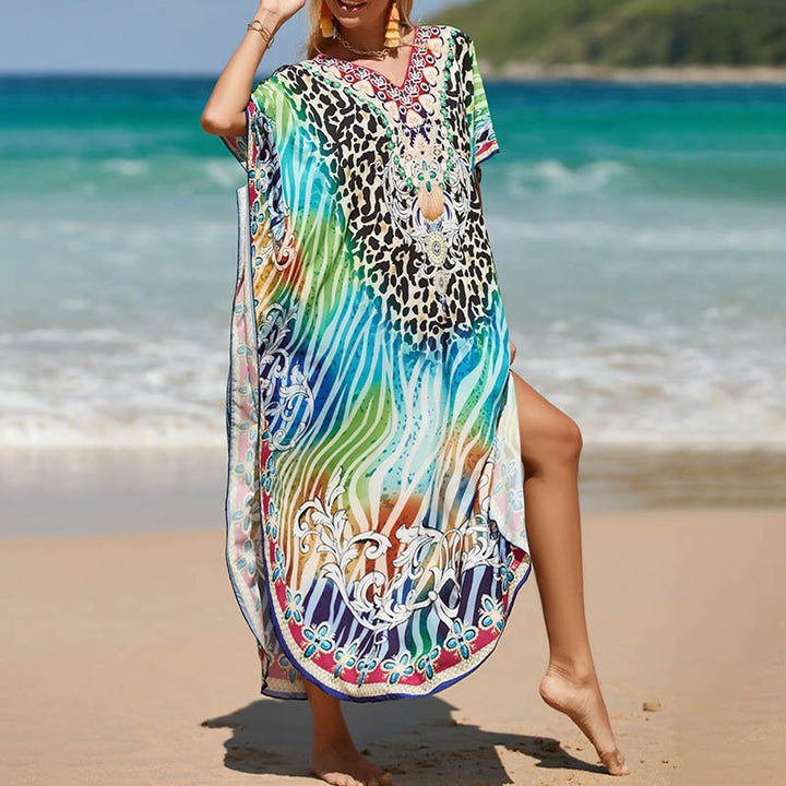 2023 Summer New Thai National Style Large Size Retro Slimming Dress Women's Seaside Vacation Beach Long Dress - bertofonsi