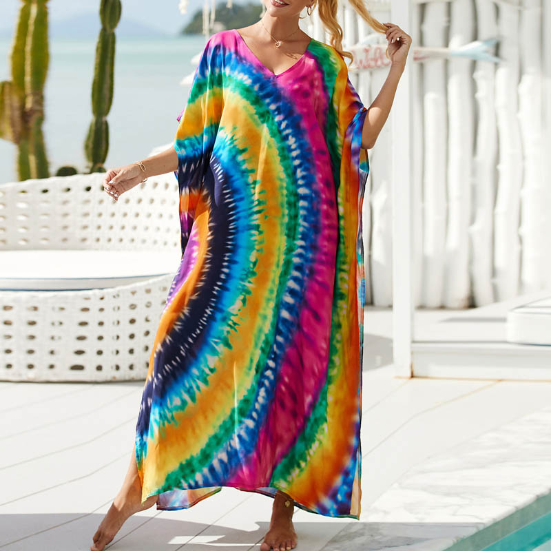 New Style Retro Design Tie-Dye Dress Large Hem Long Dress Large Size Slim Looking Seaside Vacation Photo Beach Skirt - bertofonsi