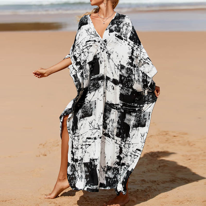 New French Style Retro Fancy Black and White Printed Dress Women's Sanya Seaside Vacation Large Size Beach Long Dress - bertofonsi