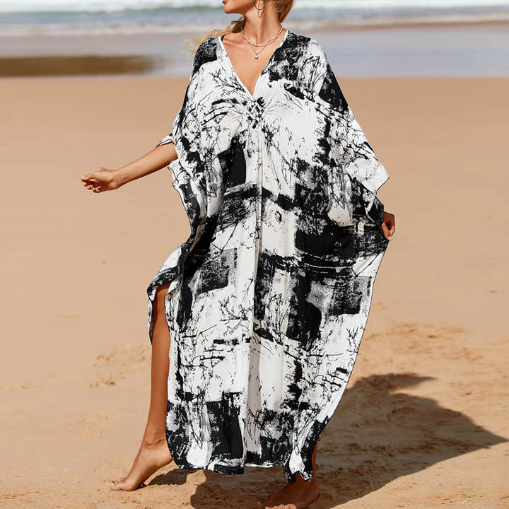 New French Style Retro Fancy Black and White Printed Dress Women's Sanya Seaside Vacation Large Size Beach Long Dress - bertofonsi
