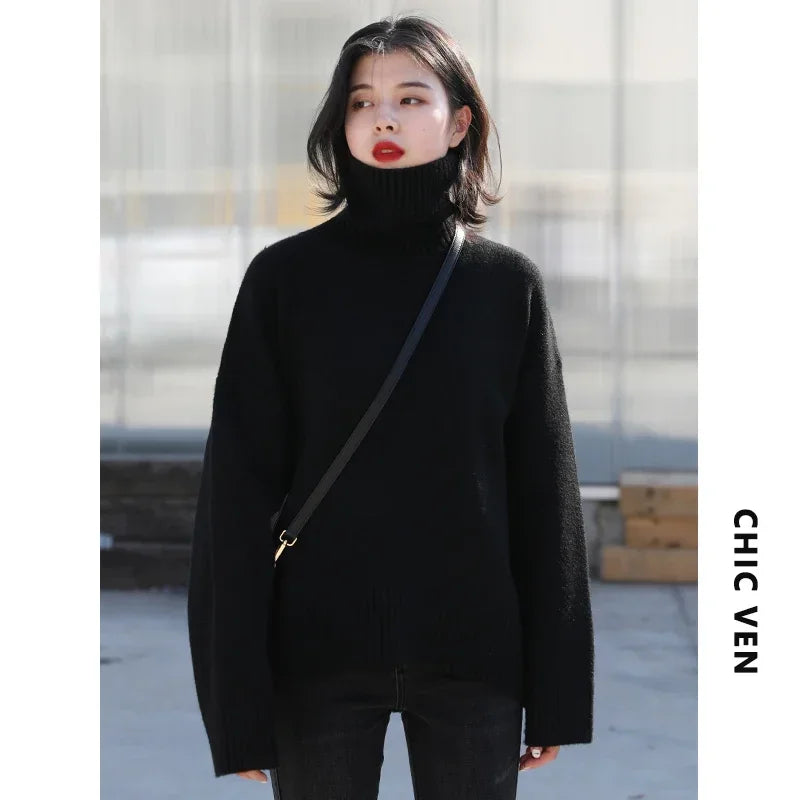 CHIC VEN Korean Women's Sweater Loose Turtleneck Sweaters Warm Solid Pullover Knitwear Basic Female Tops Autumn Winter 2022 - bertofonsi