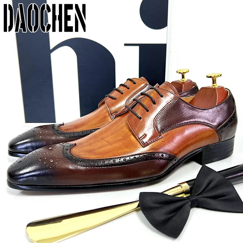 Luxury Brand Men Leather Shoes Lace Up Pointed Toe Mixed Colors Brogues Oxford Mens Dress Shoes Wedding Office Shoes Men - bertofonsi