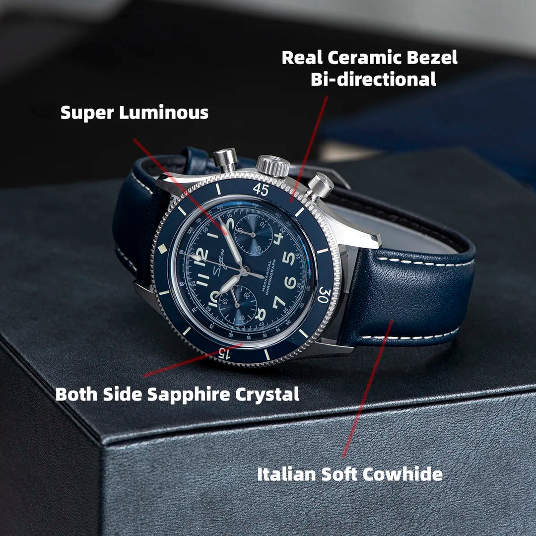 Sugess Pilot Watch Handwind Chronograph Mechanical Wristwatches Luminous Skeleton Men Watches Crystal Sapphire Leather New 2022 - bertofonsi