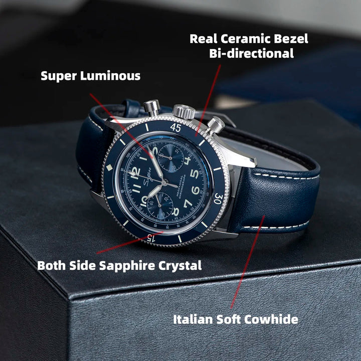 Sugess Watch 1963 Men Watches ST1901 Chronograph Luminous Mechanical Wristwatches Waterproof Crystal Sapphire Italian Leather - bertofonsi