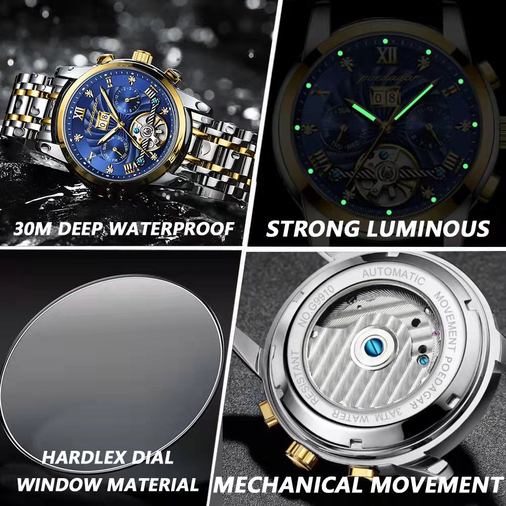 POEDAGAR Automatic Mechanical Tourbillon Business Wristwatch Luxury Hollow Waterproof Stainless Steel Men Watches Relojes Hombre - bertofonsi