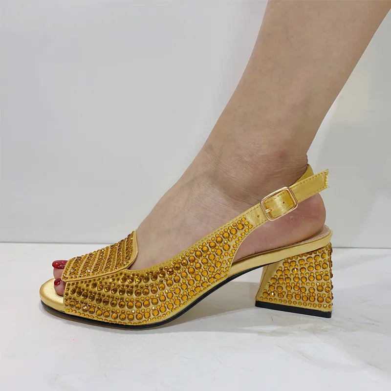 2023 Italian Design Nigerian Lastest Special Narrow Band And Cross-Tied Style Women Shoes  in Gold Color for Party - bertofonsi