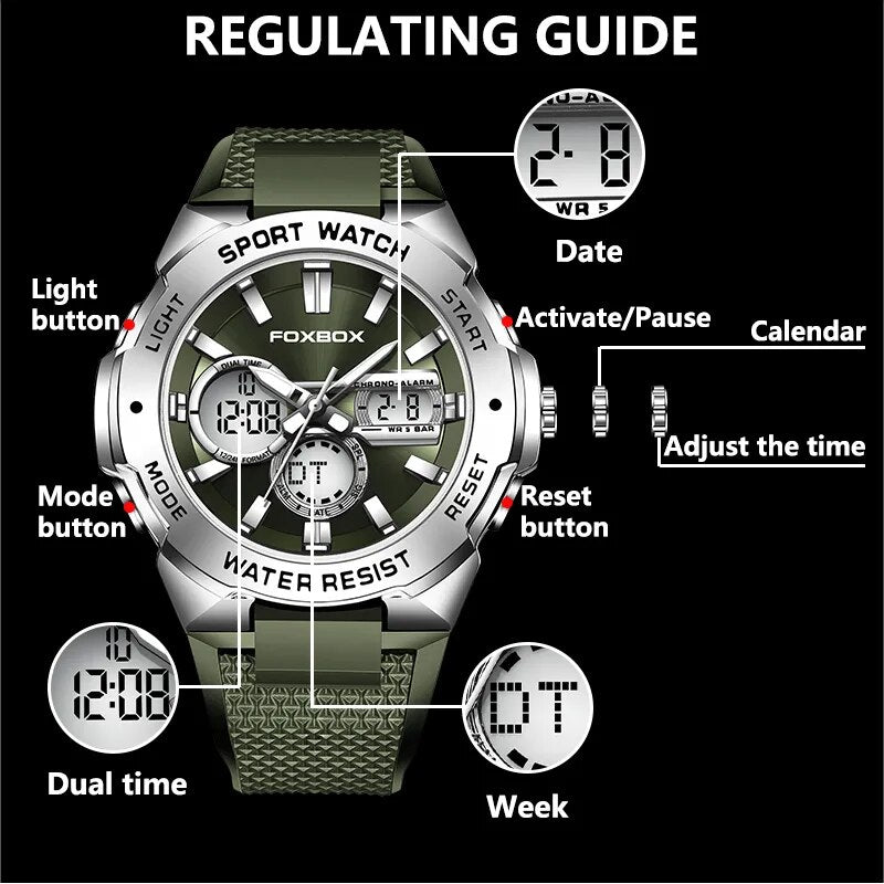FOXBOX Men Watches Top Brand Luxury Sport Luminous Male Clock Silicone Strap Digital Quartz Army Waterproof Original Wristwatch - bertofonsi