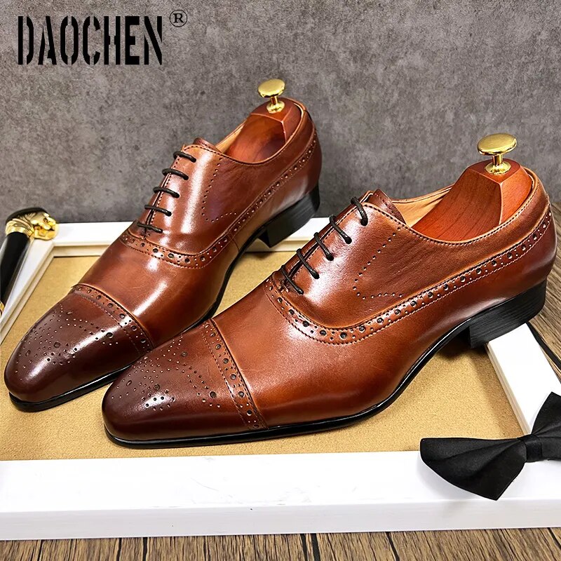 Luxury Brand Men's Oxford Shoes Brown Lace Up Pointed Brogues Mens Dress Formal Shoes Wedding Office Leather Men Shoes - bertofonsi