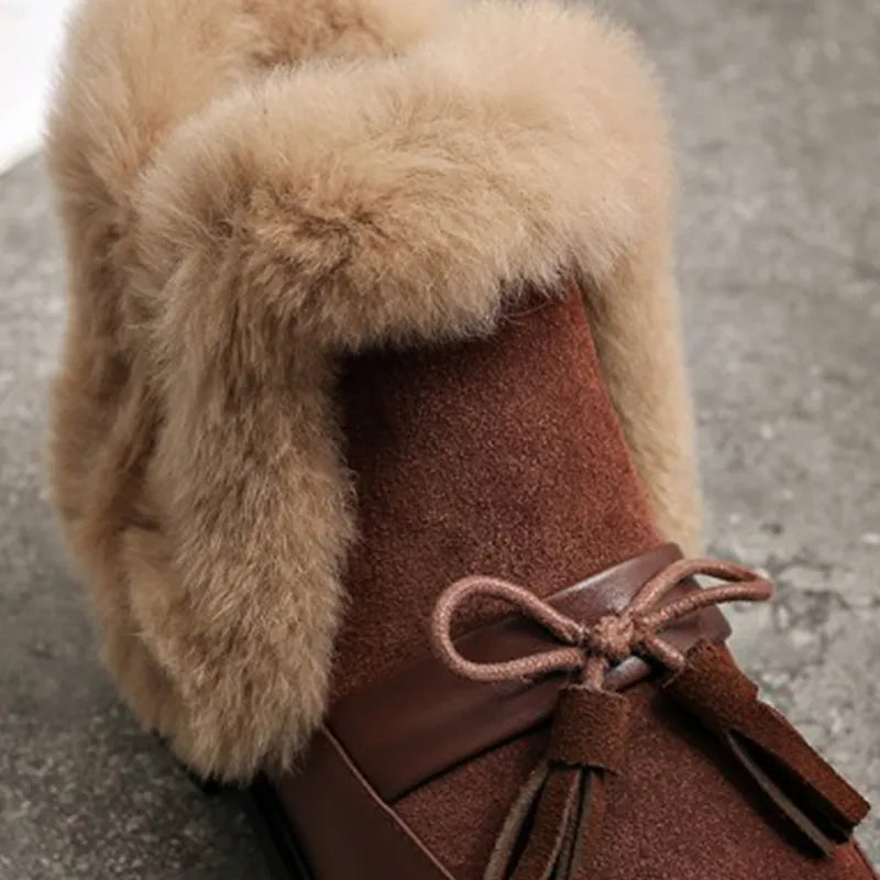 2020 winter women's ankle boots round toe low heel short plush warm women boots bowknot genuine leather women's shoes - bertofonsi