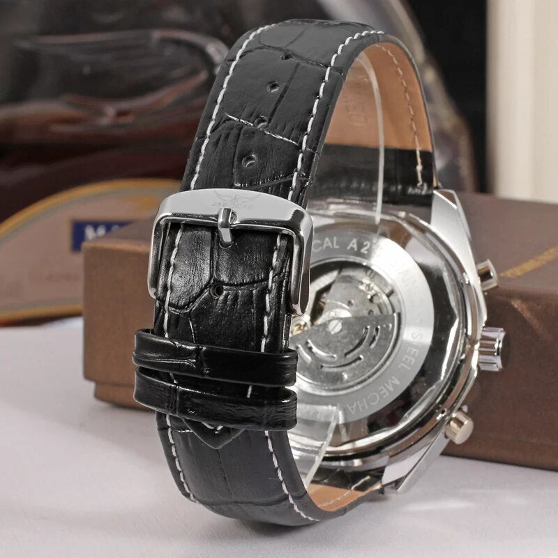 Jaragar 3 Dial Men's Automatic Watch Genuine Leather Mechanical Men's watches Date Week Display Luminous Wristwatch Blue Glass - bertofonsi