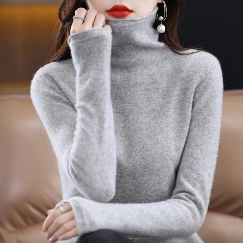 Merino Wool Cashmere Sweater Women's High Stacked Collar Pullover Long Sleeve Winter Knitted Sweater Warm High Quality Jumper - bertofonsi