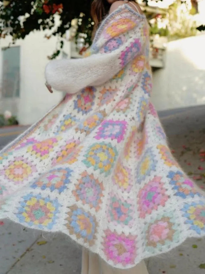 2022 BOHO Colored Plaid Flower Hand Crochet Cardigan Vintage Woman O neck Open Stitching Long Sweater Knitwear Jumper - bertofonsi