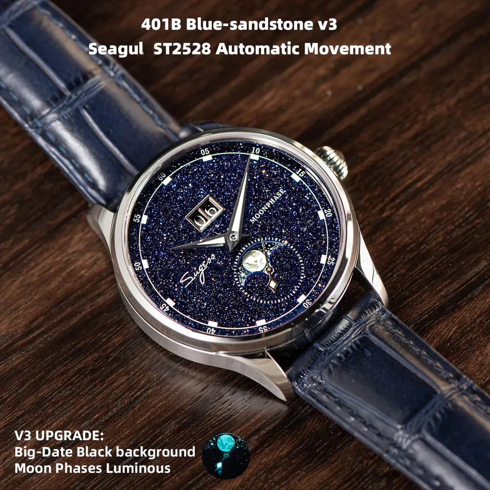 Sugess Moonphase Luxury Wristwatches 316L StainlessSteel Case Tianjin ST2528 Movement Gemstone Stars Dial Men's Wrist Watch Gift - bertofonsi