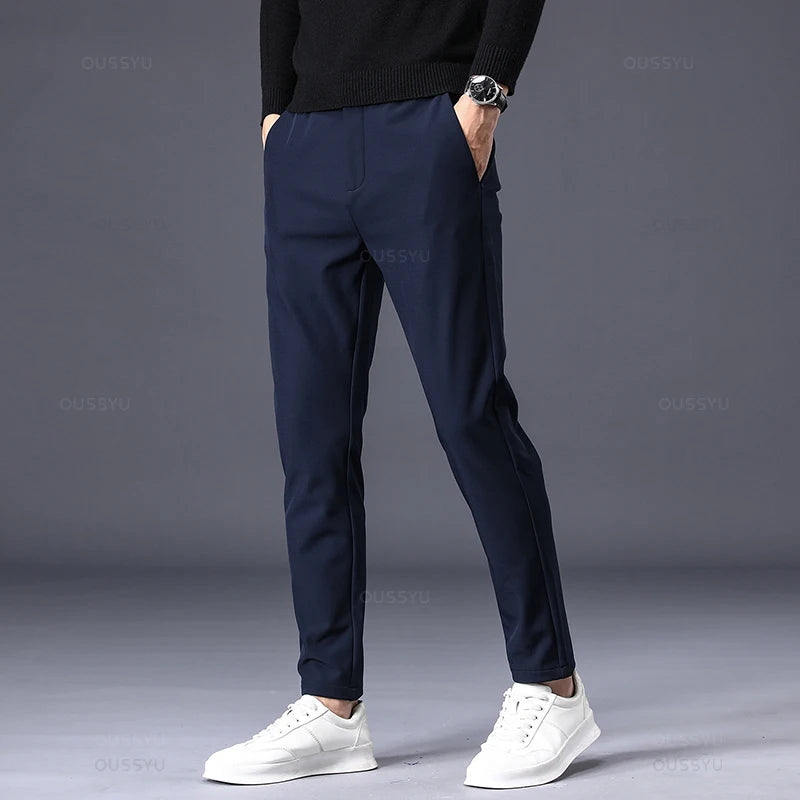 Autumn Winter Men's Casual Pants Business Stretch Slim Fit Elastic Waist Jogger Korean Classic Thick Black Gray Trousers Male - bertofonsi