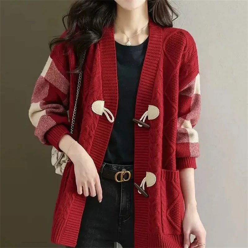 2023 Spring and Autumn New Female Fashion Cowhorn Button Mid Length Sweater Cardigan Coat Women's Lazy Loose Knitted Outwear - bertofonsi