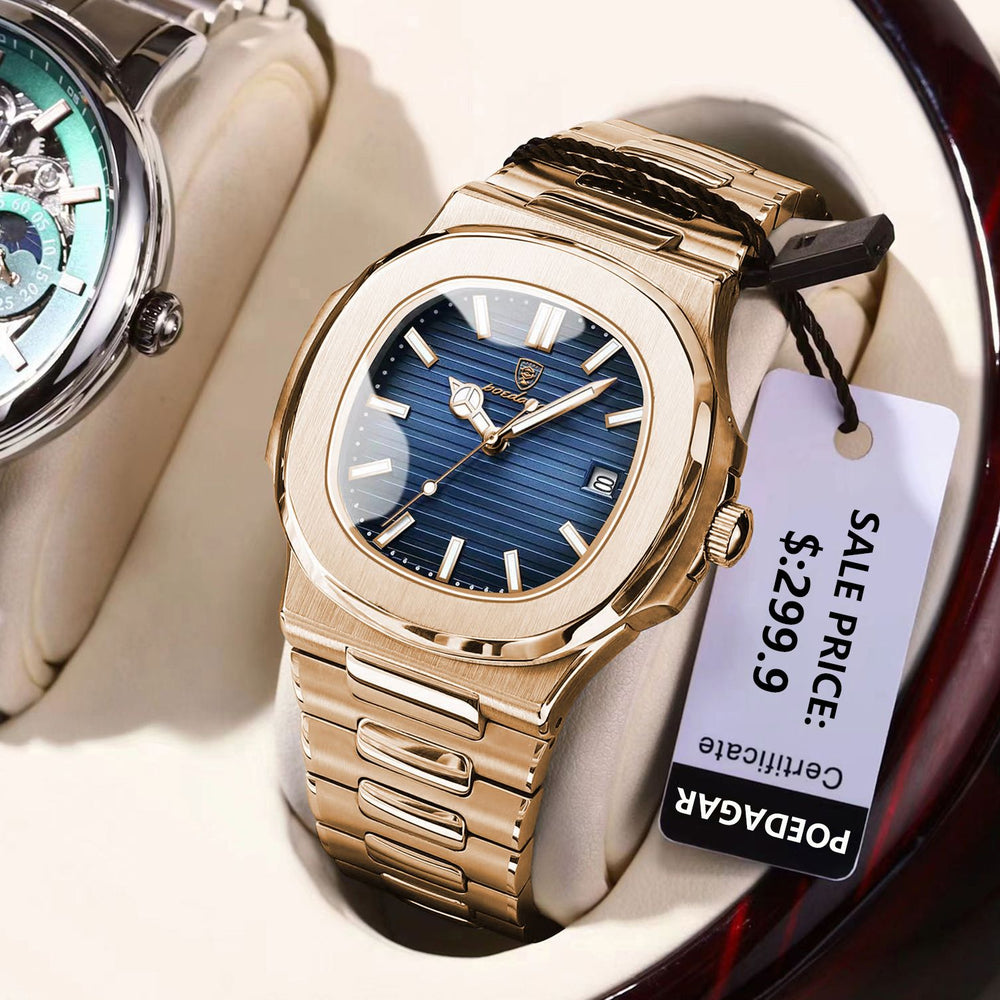 POEDAGAR Luxury Man Wristwatch Business Stainless Steel Quartz Men Watch Waterproof Luminous Date Square Men's Watches Clock+Box - bertofonsi