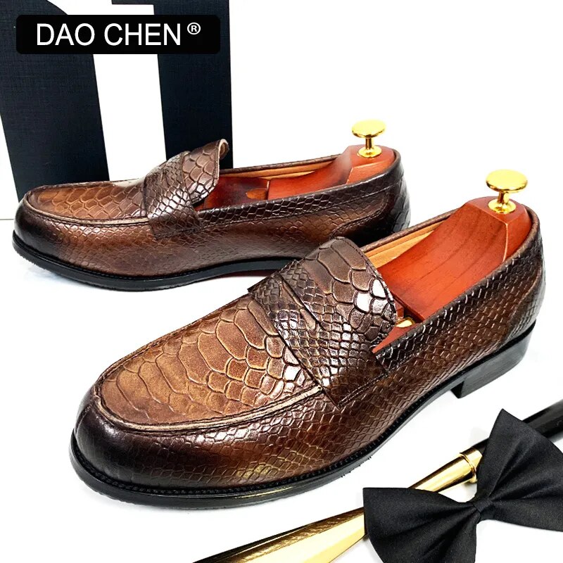 LUXURY MEN LEATHER SHOES BLACK COFFEE SLIP ON SNAKE PRINT DRESS MEN'S CASUAL SHOES WEDDING OFFICE BANQUET Loafers Shoes For Men - bertofonsi