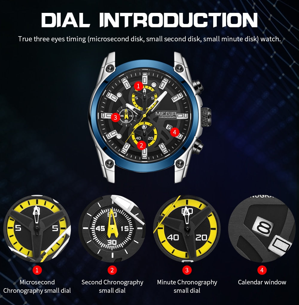 MEGIR Original Blue Sport Watches for Men Top Luxury Chronograph WristWatch Military Quartz Clock Luminous Big Dial Reloj Hombre - bertofonsi