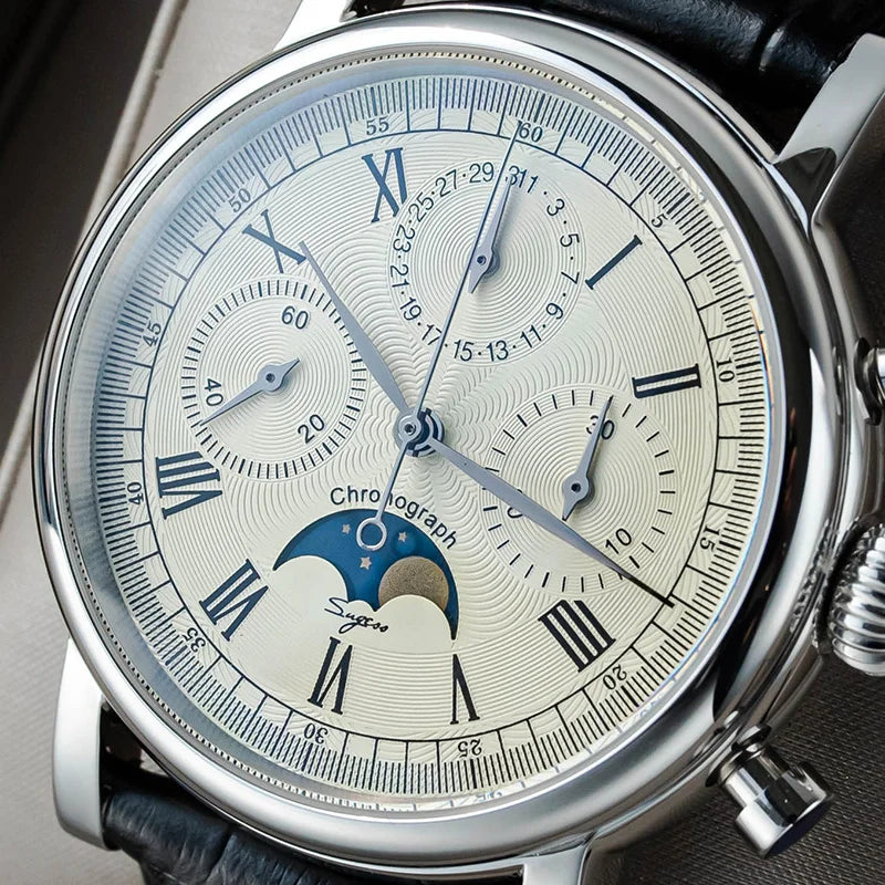 Sugess Men Watch ST1908 Swanneck Movement Mechanical Chronograph Wristwatch Genuine Moonphase Calendar Vintage Leather NEW 2023 - bertofonsi