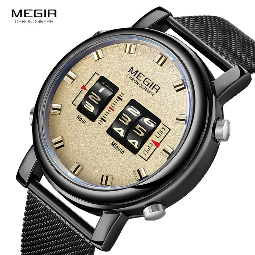 MEGIR 2020 New Luxury Watches Men Military Sport Roller Pointer Quartz Watch Man Fashion Stainless Steel Mesh Strap Wristwatch - bertofonsi