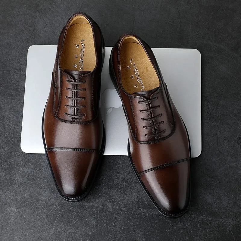 High-quality Cowhide Oxford Shoe Brogue Shoes of Men Pointed Toe Lace-up Wedding Shoes Business Genuine Leather Men Dress Shoes - bertofonsi
