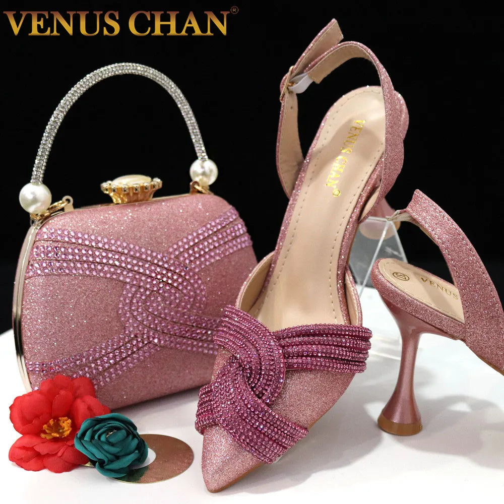 Venus Chan New Italian Design Magenta Diamond Belt With The Same Color Cashew Bag Exquisite Banquet Ladies Shoes And Bag - bertofonsi