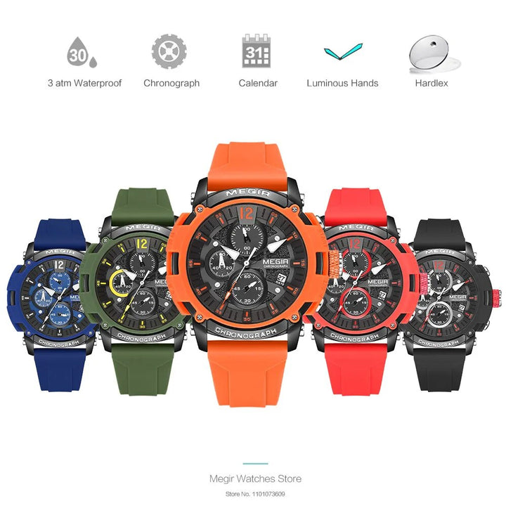 MEGIR Orange Sport Watches for Men Fashion Waterproof Luminous Chronograph Quartz Wristwatch with Auto Date Silicone Strap 2208 - bertofonsi