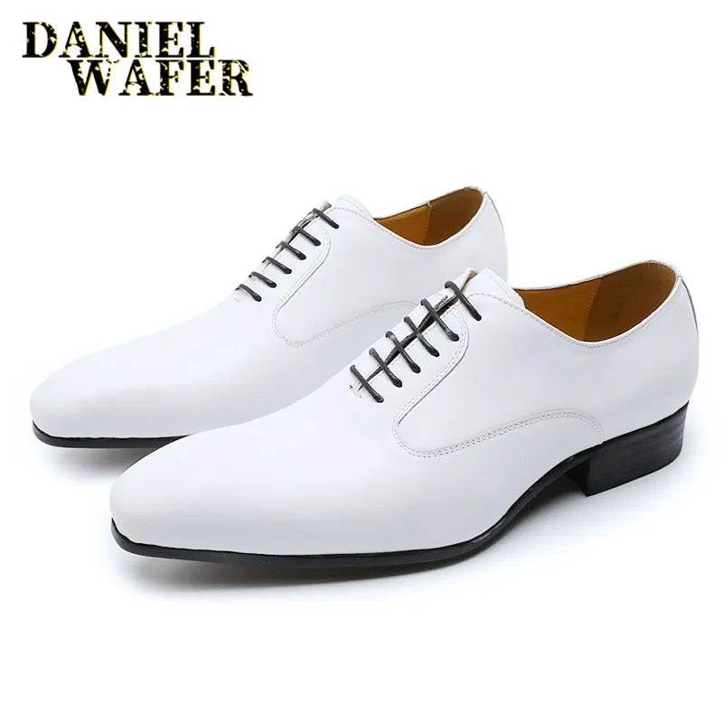 Luxury Brand Men Oxford Shoes White Black Brown Mens Dress Office Wedding Formal Shoes Lace Up Pointed Toe Leather Shoes for Men - bertofonsi