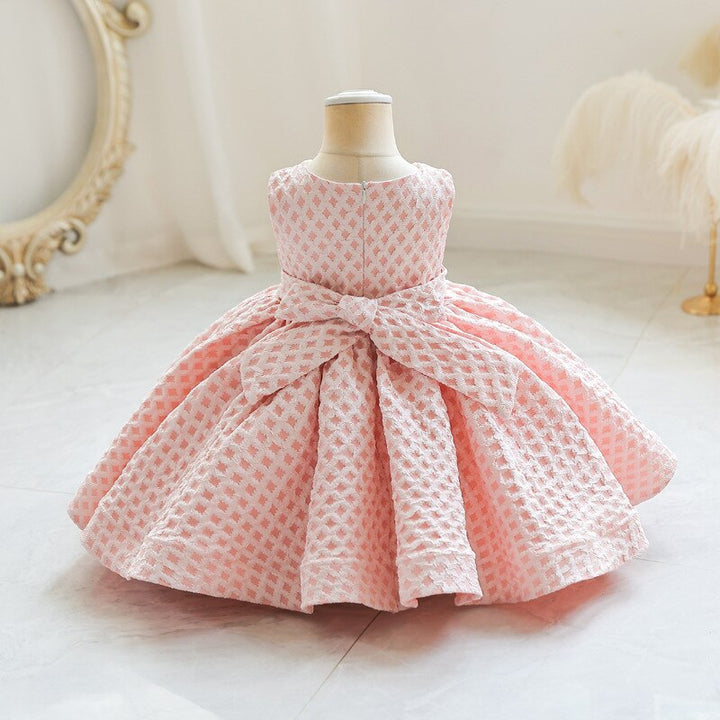 HETISO Super Sweet Solid Plaid Flower Bowknot Sleeveless Baby Dress One-piece Kids Evening Birthday Party Outfit For Girls - bertofonsi
