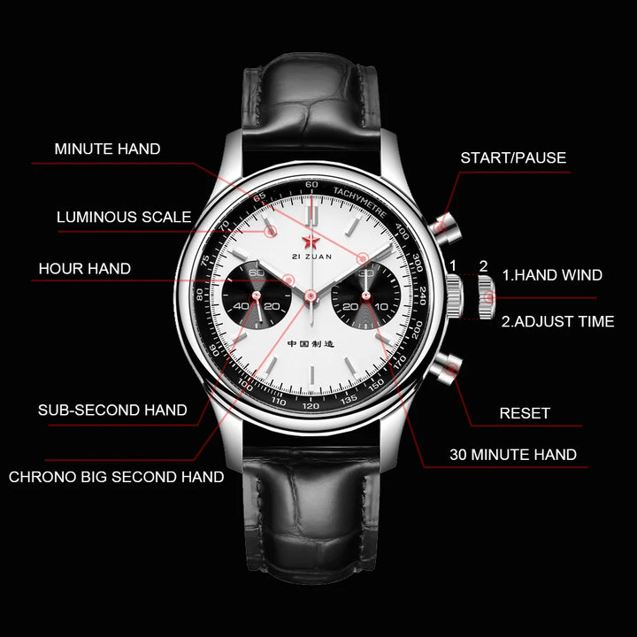 SEAKOSS Red Star Panda Men 40mm 1963 Chronograph Mechanical Wristwatches Original st1901 Gooseneck Sapphire Super Luminous Watch - bertofonsi